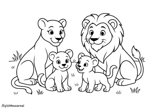 Gambar Mewarnai Keluarga Singa di Padang Rumput