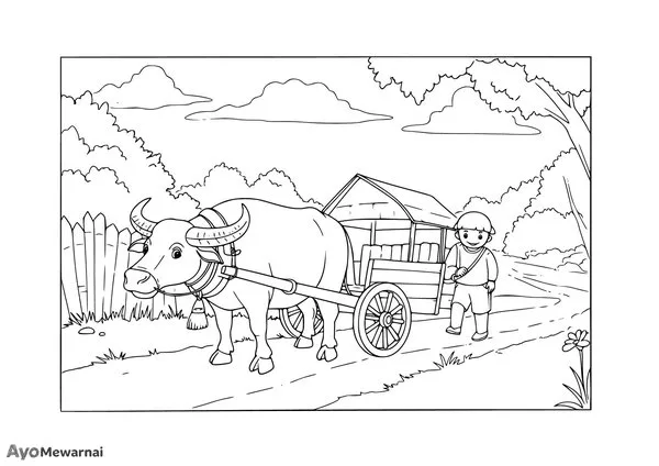 Gambar Mewarnai Kerbau Menarik Gerobak