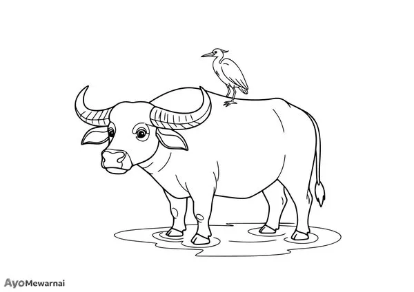 Gambar Mewarnai Kerbau dan Burung Kuntul