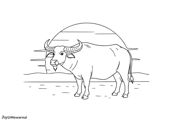 Gambar Mewarnai Kerbau di Matahari Terbenam
