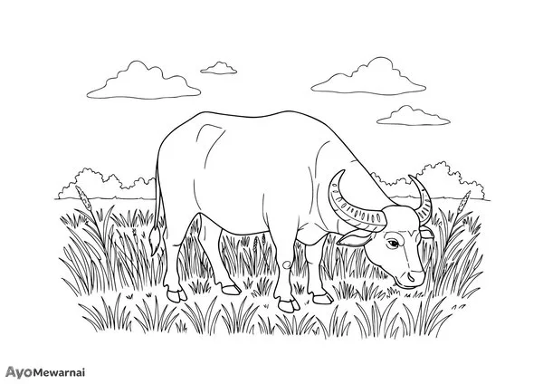 Gambar Mewarnai Kerbau di Padang Rumput