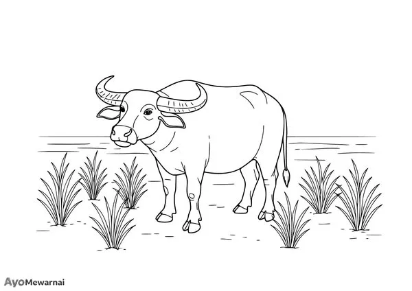 Gambar Mewarnai Kerbau di Sawah