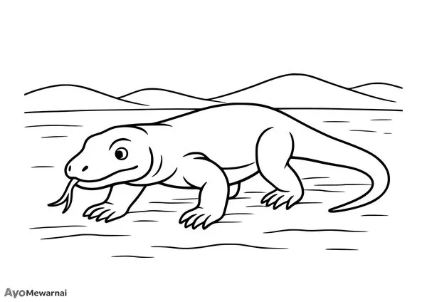 Gambar Mewarnai Komodo Berjalan di Pasir