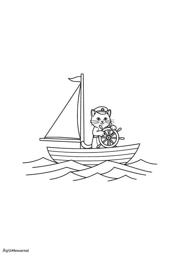 Gambar Mewarnai Kucing Berlayar di Laut