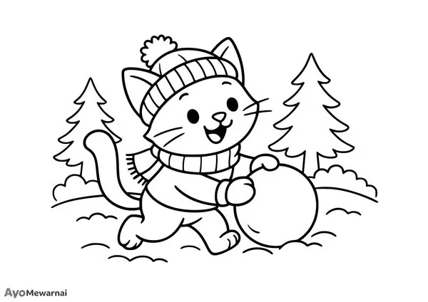Gambar Mewarnai Kucing Bermain Salju