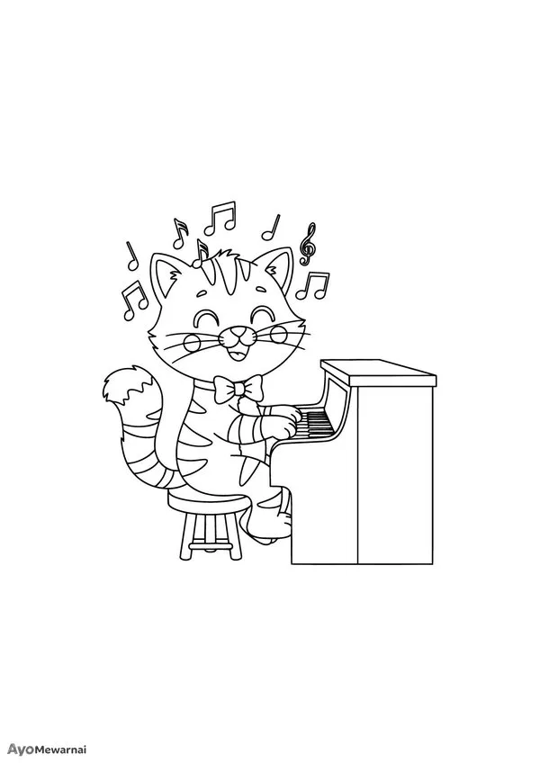 Gambar Mewarnai Kucing Memainkan Piano