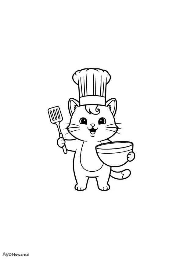 Gambar Mewarnai Kucing Memakai Topi Koki