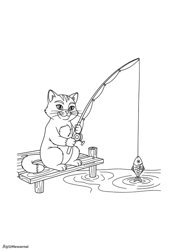 Gambar Mewarnai Kucing Memancing Ikan