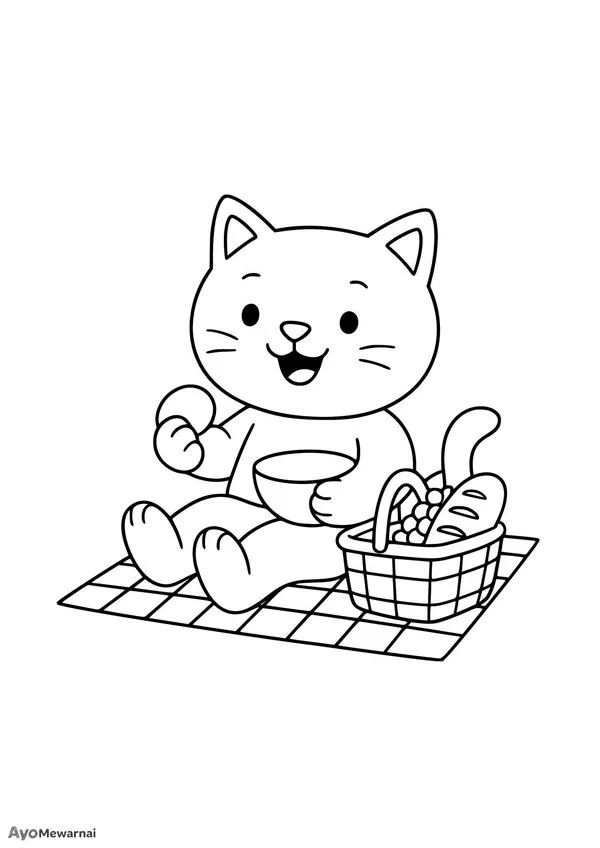 Gambar Mewarnai Kucing Piknik