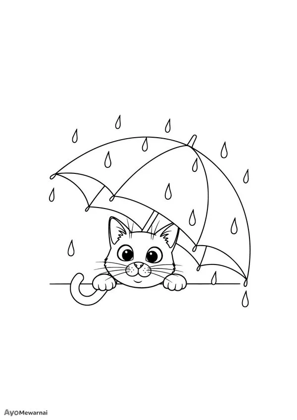Gambar Mewarnai Kucing di Bawah Payung