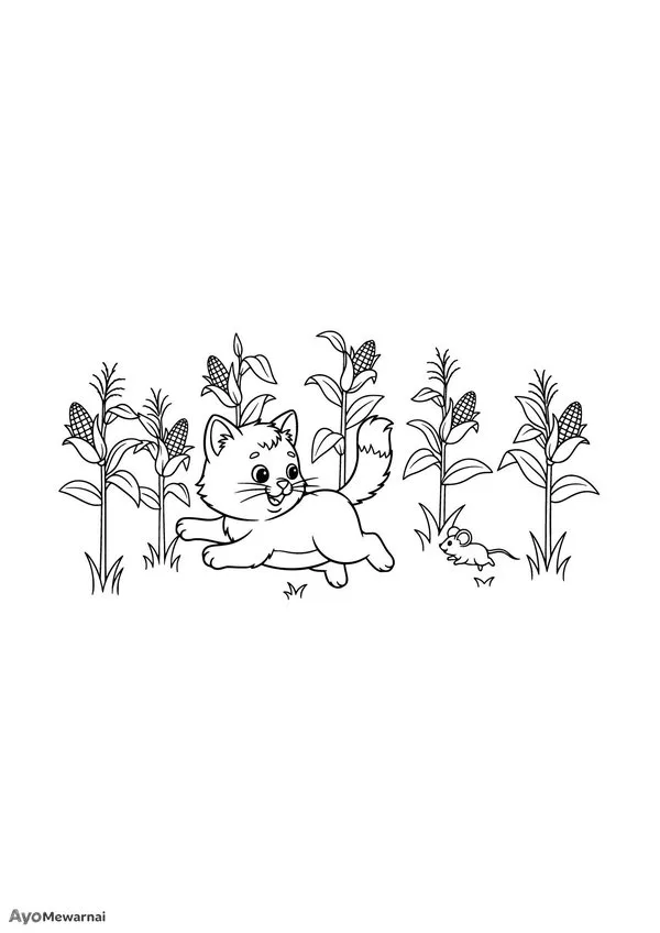 Gambar Mewarnai Kucing di Ladang