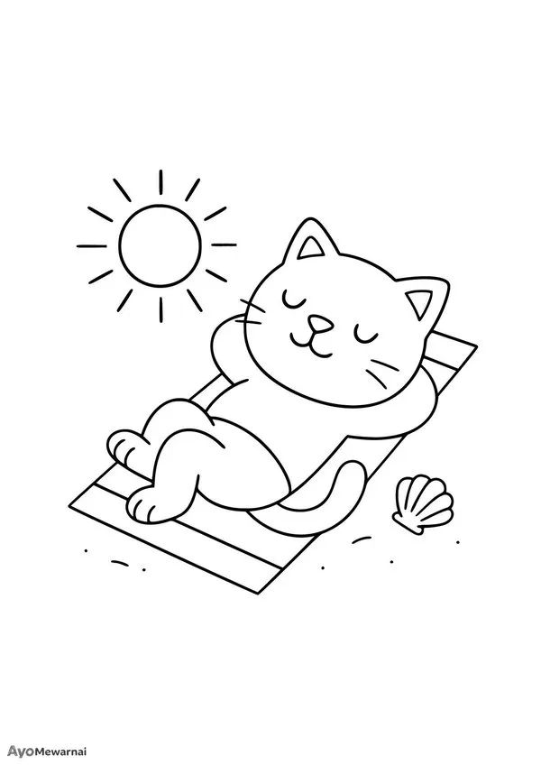 Gambar Mewarnai Kucing di Pantai