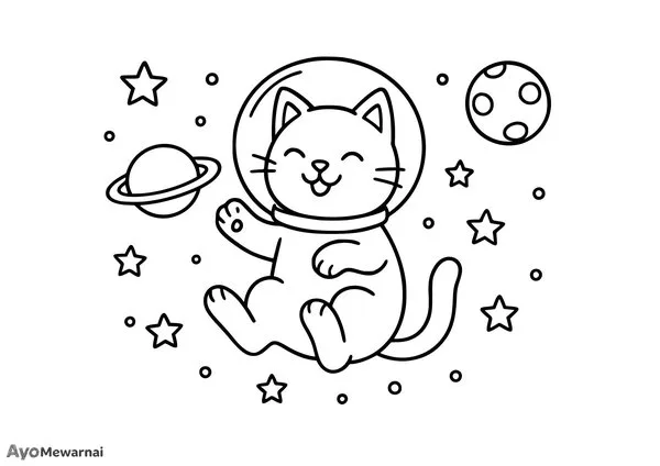 Gambar Mewarnai Kucing di Ruang Angkasa