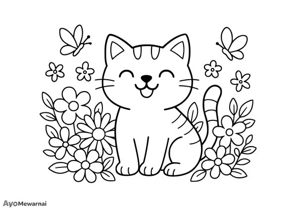 Gambar Mewarnai Kucing di Taman Bunga
