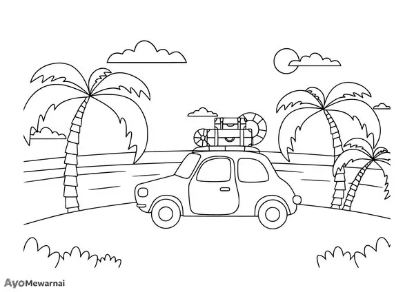 Gambar Mewarnai Mobil Liburan di Pantai