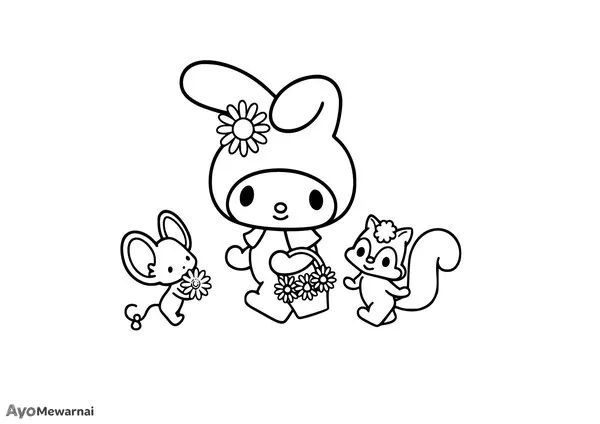 Gambar Mewarnai My Melody, Flat, dan Risu