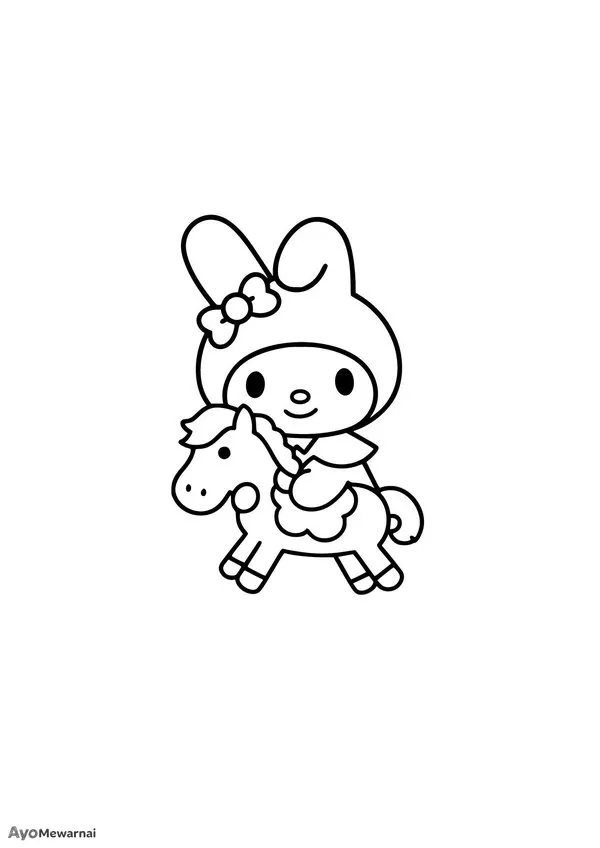 Gambar Mewarnai My Melody Menunggang Kuda Mainan