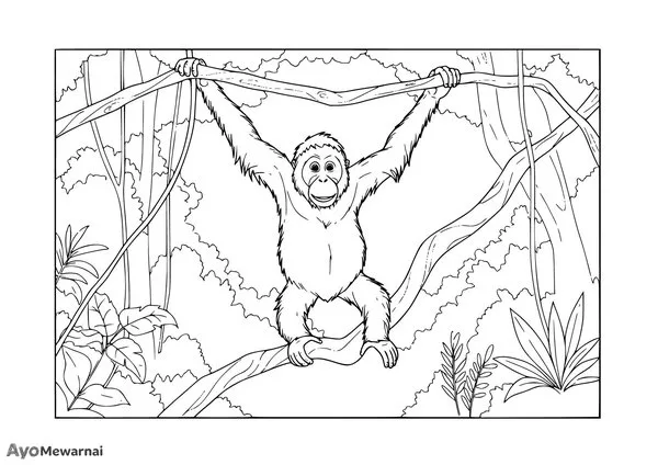 Gambar Mewarnai Orangutan Berayun di Dahan