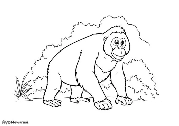 Gambar Mewarnai Orangutan Berjalan di Tanah