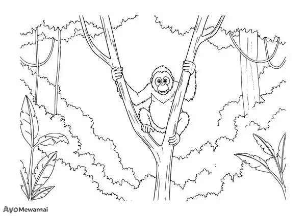 Gambar Mewarnai Orangutan di Hutan Hujan Lebat