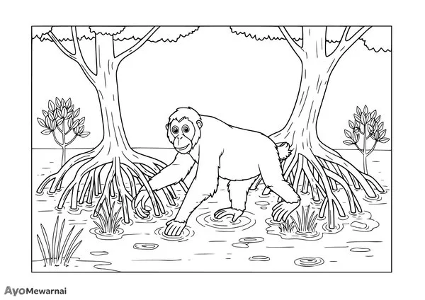 Gambar Mewarnai Orangutan di Rawa Bakau
