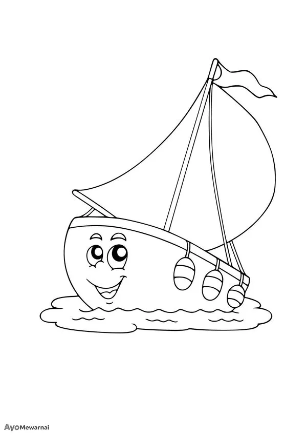Gambar Mewarnai Perahu Layar Kartun dengan Wajah Senyum