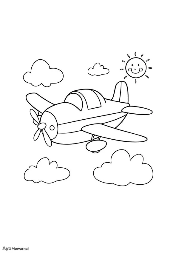 Gambar Mewarnai Pesawat Baling-Baling di Langit Cerah