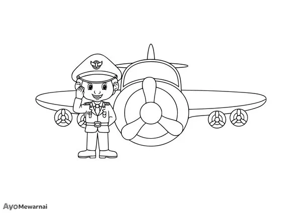 Gambar Mewarnai Pilot Hormat di Depan Pesawat