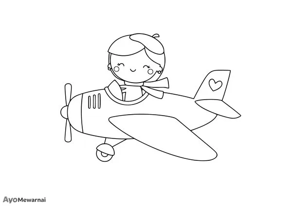 Gambar Mewarnai Pilot Perempuan dan Pesawat