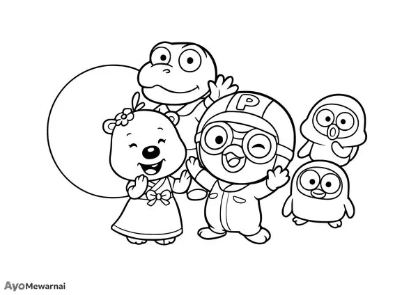 Gambar Mewarnai Pororo dan Teman teman yang Riang