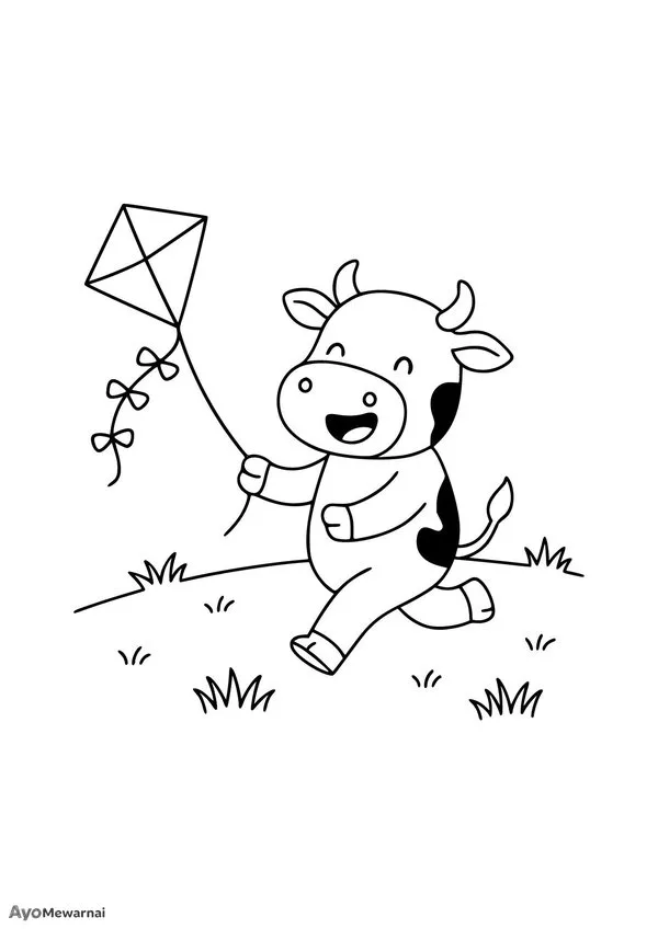 Gambar Mewarnai Sapi Bermain Layang-layang