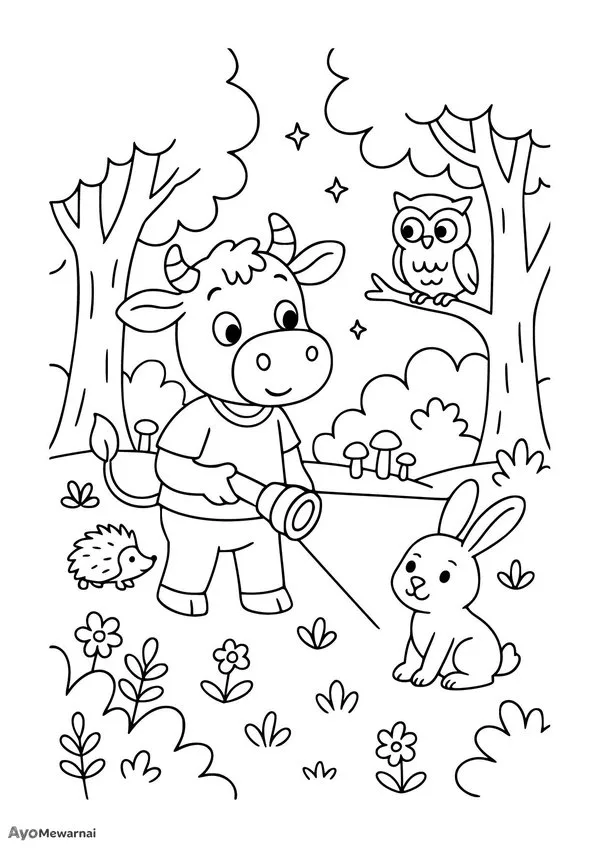 Gambar Mewarnai Sapi Bertualang di Hutan
