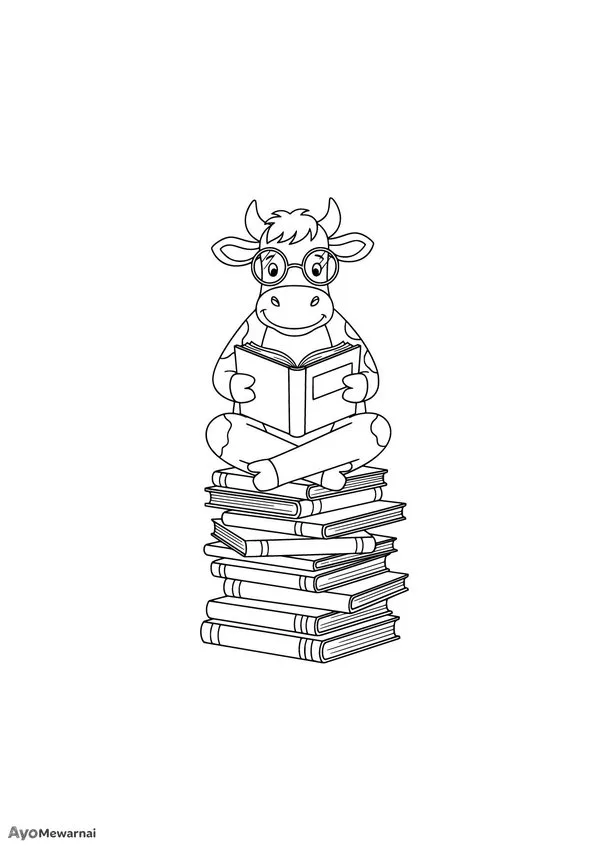Gambar Mewarnai Sapi Membaca Buku