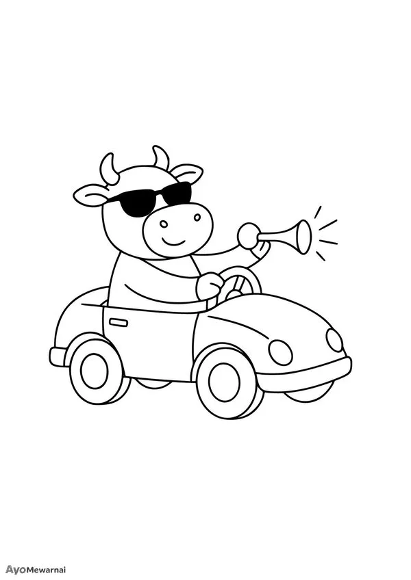 Gambar Mewarnai Sapi Mengendarai Mobil