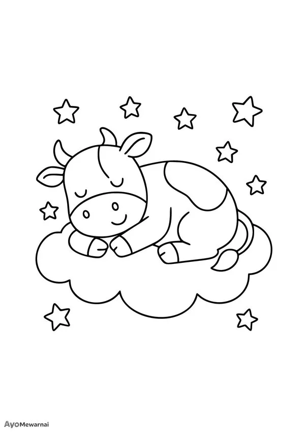 Gambar Mewarnai Sapi Tidur di Awan
