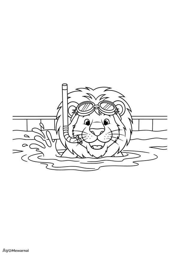 Gambar Mewarnai Singa Berenang di Kolam