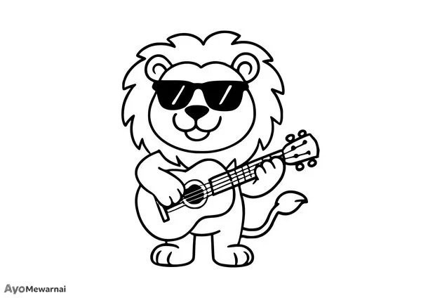 Gambar Mewarnai Singa Bermain Gitar