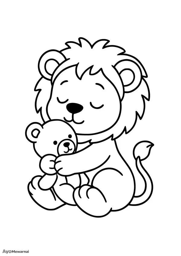 Gambar Mewarnai Singa Peluk Boneka Beruang