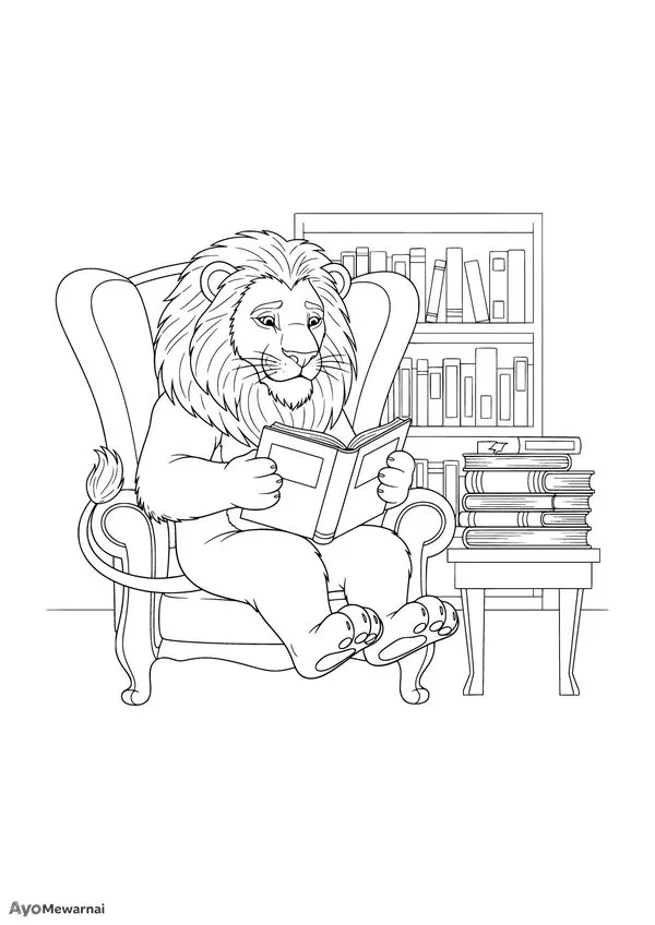 Gambar Mewarnai Singa di Perpustakaan