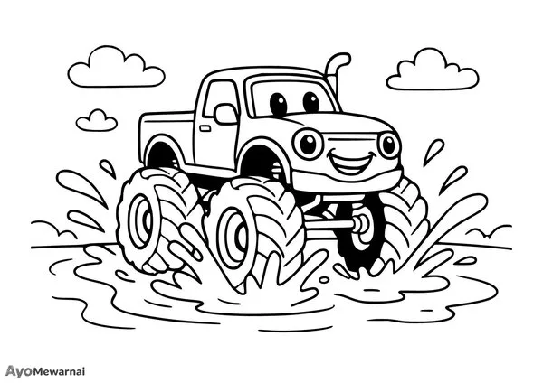 Gambar Mewarnai Truk Monster Mengendarai di Air