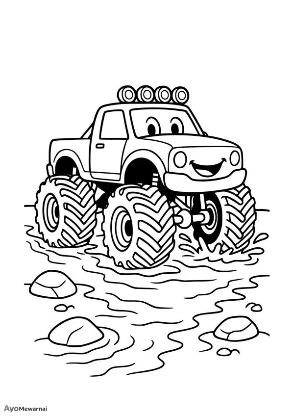 Gambar Mewarnai Truk Monster Menyeberang Sungai