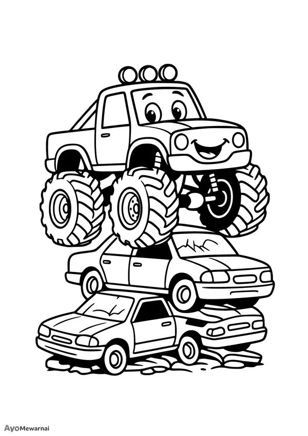 Gambar Mewarnai Truk Monster di Atas Mobil