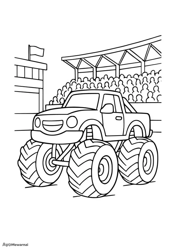 Gambar Mewarnai Truk Monster di Depan Stadion