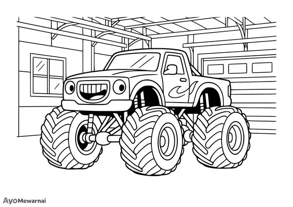 Gambar Mewarnai Truk Monster di Garasi