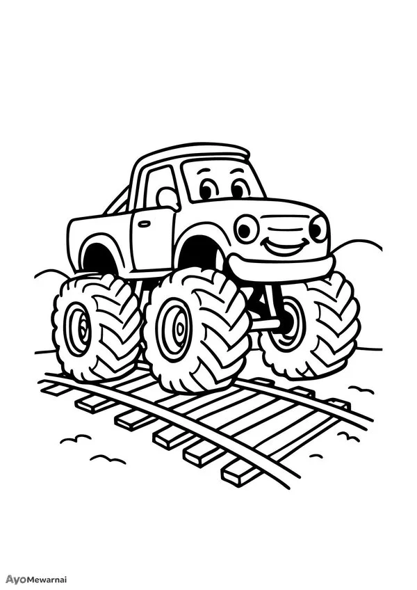 Gambar Mewarnai Truk Monster di Perlintasan Rel