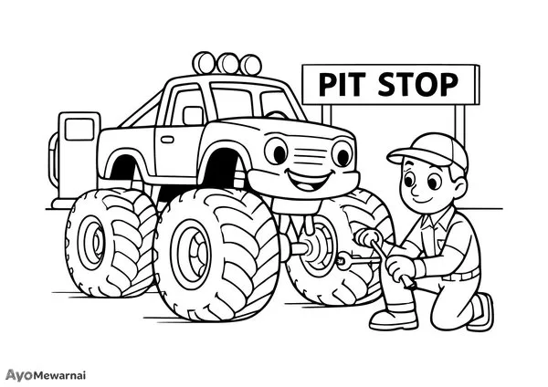Gambar Mewarnai Truk Monster di Pit Stop