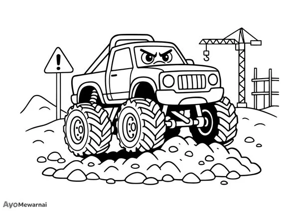 Gambar Mewarnai Truk Monster di Tempat Konstruksi